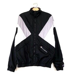 CHAMPION Nylon Athletic Windbreaker Track Jacket Black White Colorblock 90s y2k